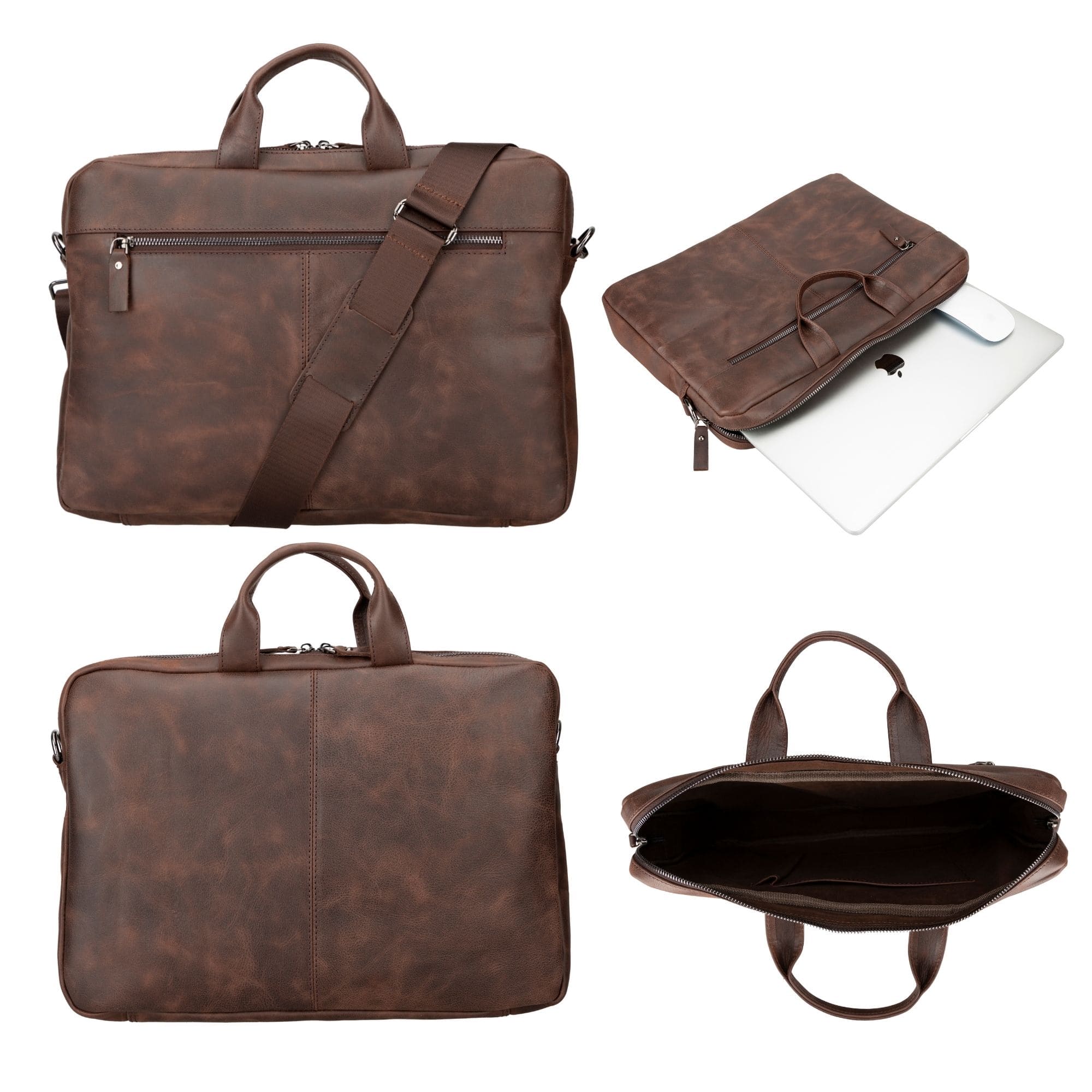 Afton MacBook Leather Sleeve and Bag showcasing genuine leather craftsmanship with adjustable shoulder strap and zippered compartments.